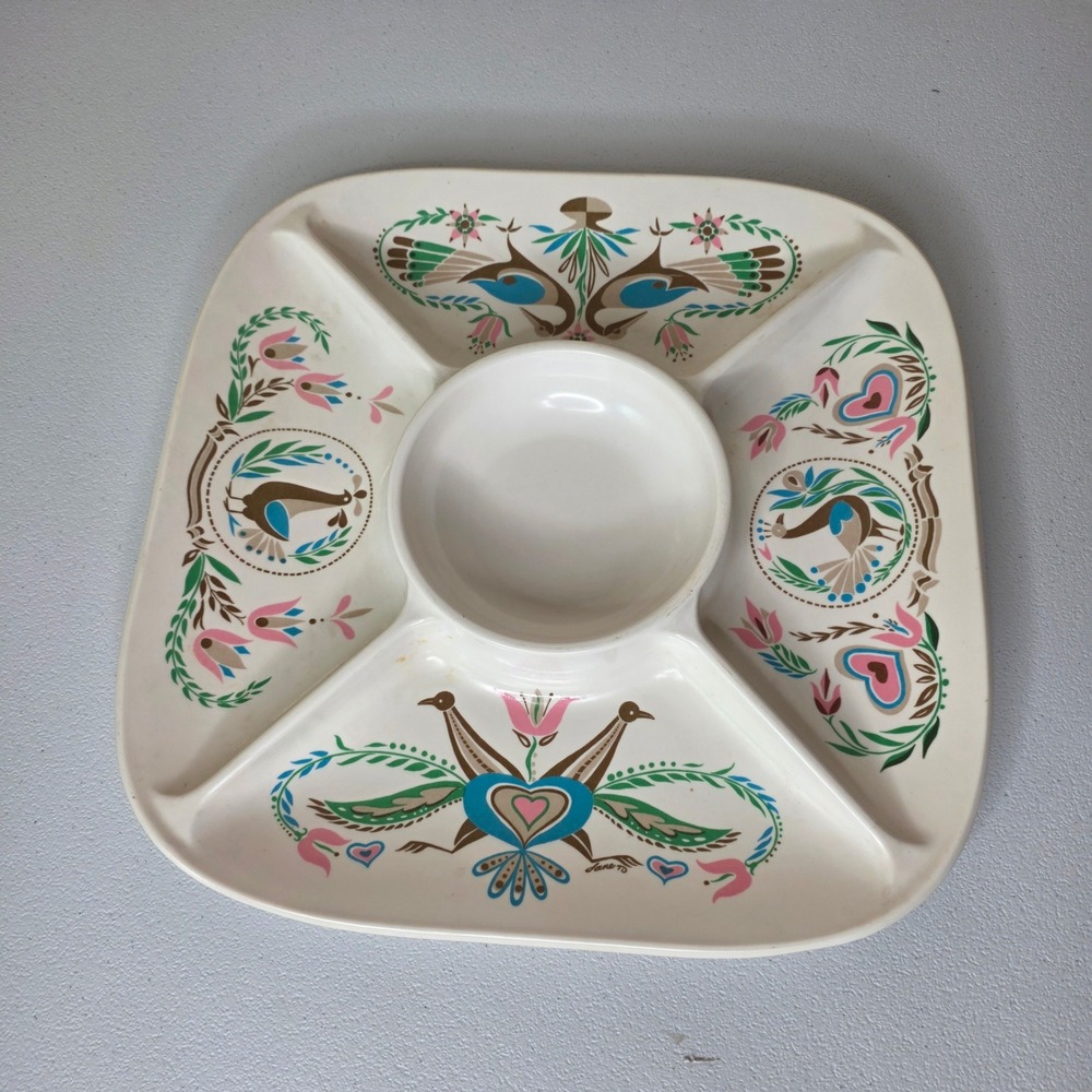 Vintage 60s Pennsylvania Dutch Symbols Melamine Chip and Dip Tray Folk Art 13in